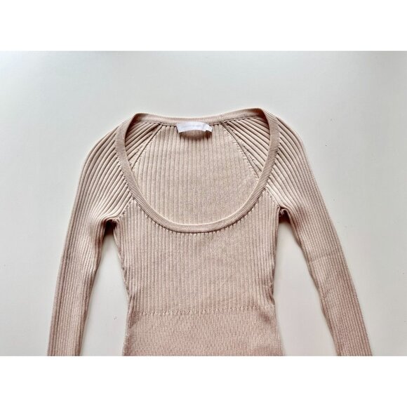 JONATHAN SIMKHAI Jayline Beige Ribbed Knit Deep Scoop Neck Sweater, Size XS - Picture 5 of 11